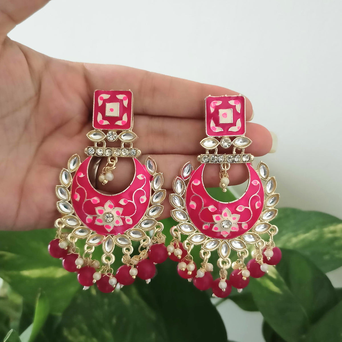 Pink Color Drop Beads Meenakari Chaandbali Polki Kundan Traditional Golden Earrings