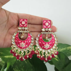 Pink Color Drop Beads Meenakari Chaandbali Polki Kundan Traditional Golden Earrings