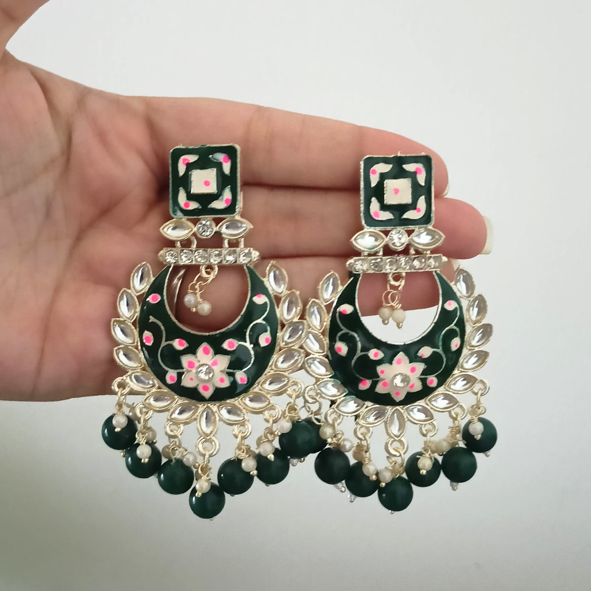 Dark Green Color Drop Beads Meenakari Chaandbali Polki Kundan Traditional Golden Earrings