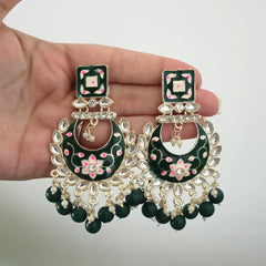 Dark Green Color Drop Beads Meenakari Chaandbali Polki Kundan Traditional Golden Earrings