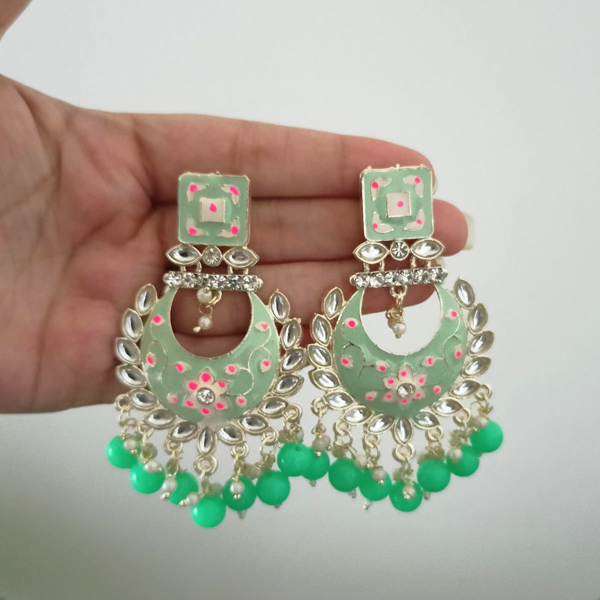 Green Color Drop Beads Meenakari Chaandbali Polki Kundan Traditional Golden Earrings