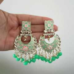Green Color Drop Beads Meenakari Chaandbali Polki Kundan Traditional Golden Earrings