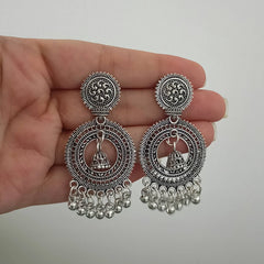 Round Shape With Jhumka Oxidised Silver Earrings