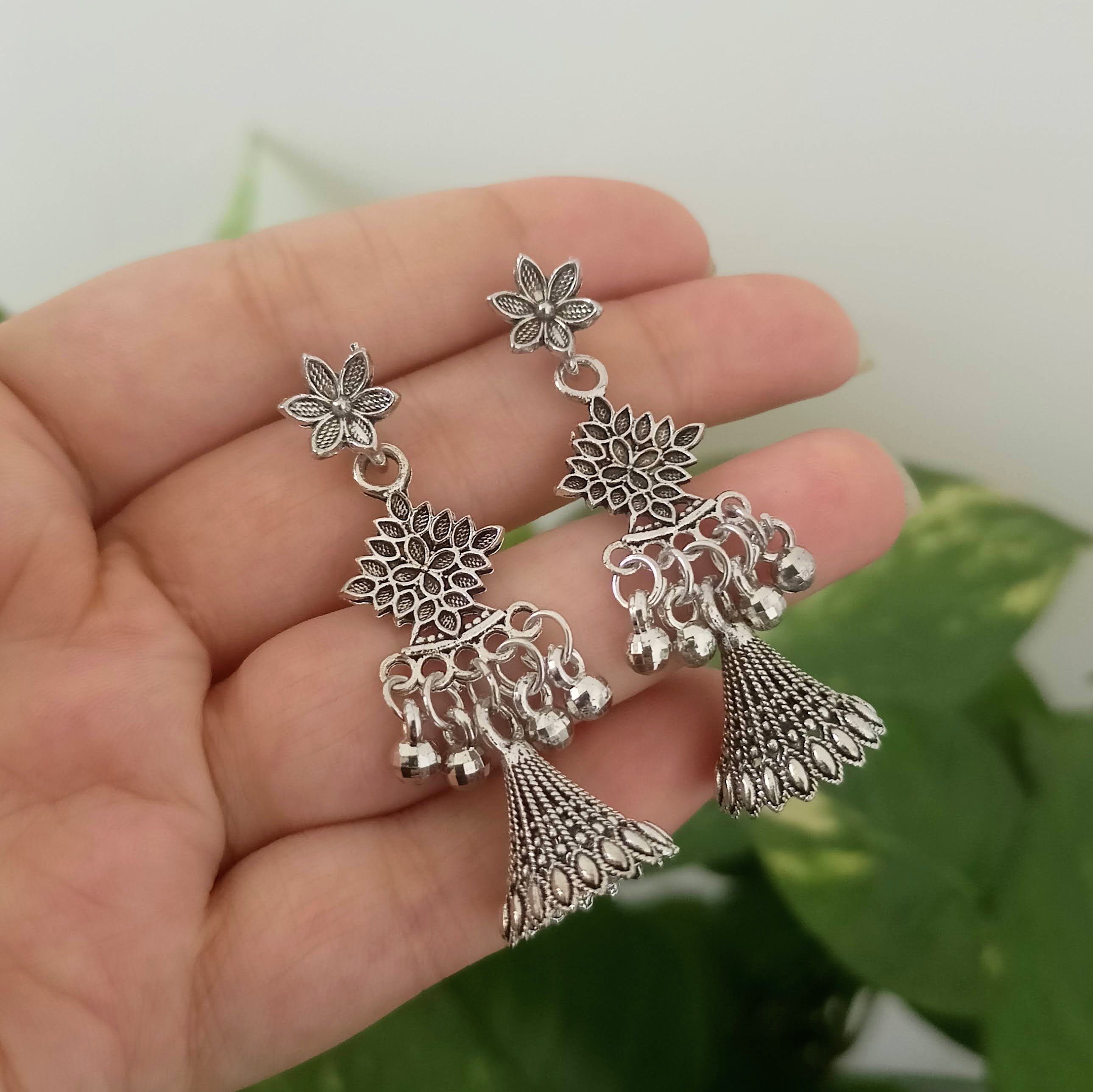 Flower Design Drop Beautiful Jhumka Oxidised Silver Earrings