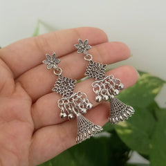 Flower Design Drop Beautiful Jhumka Oxidised Silver Earrings