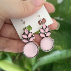 Baby Pink Color Stone Drop Leafs Oxidised Silver Earrings