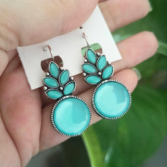 Blue Color Stone Drop Leafs Oxidised Silver Earrings