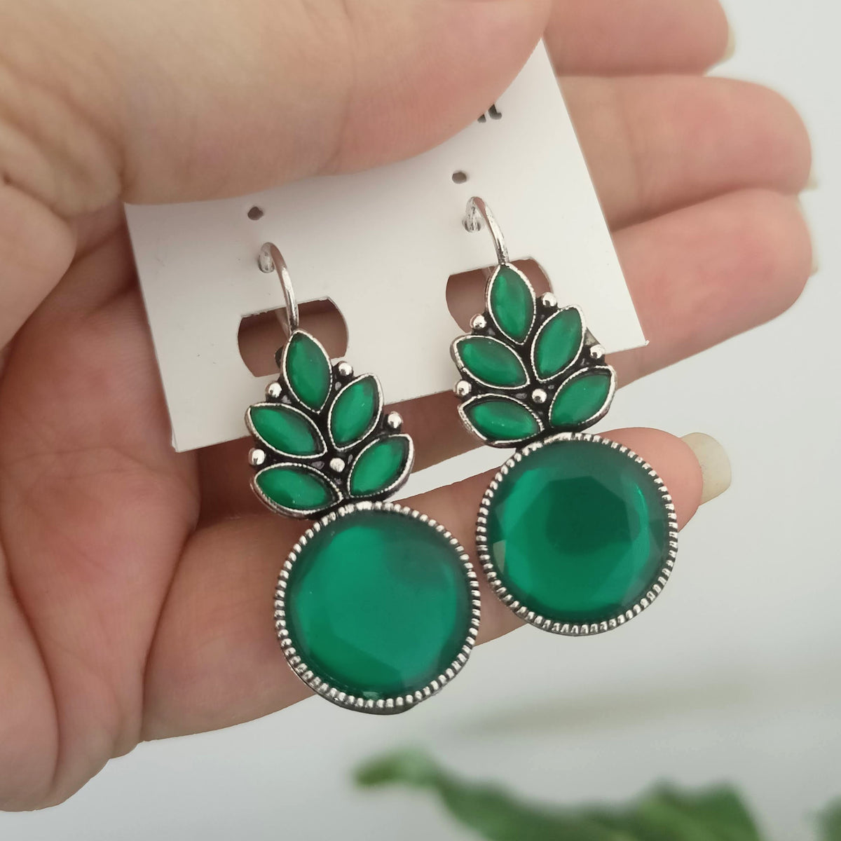 Green Color Stone Drop Leafs Oxidised Silver Earrings