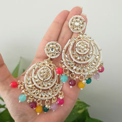 Multicolor Drop Beads Floral Polki Kundan Traditional Golden Earrings