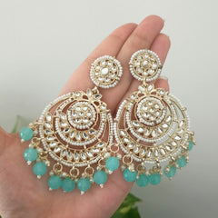 Blue Color Drop Beads Floral Polki Kundan Traditional Golden Earrings