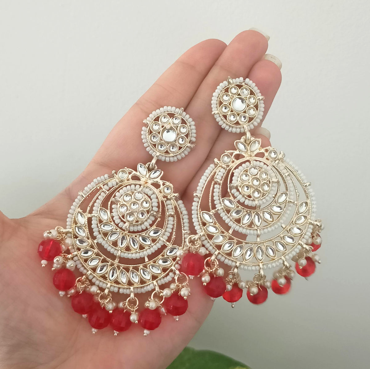 Red Color Drop Beads Floral Polki Kundan Traditional Golden Earrings