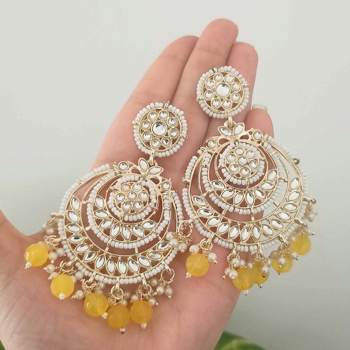 Yellow Color Drop Beads Floral Polki Kundan Traditional Golden Earrings