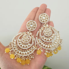Yellow Color Drop Beads Floral Polki Kundan Traditional Golden Earrings