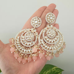 Peach Color Drop Beads Floral Polki Kundan Traditional Golden Earrings