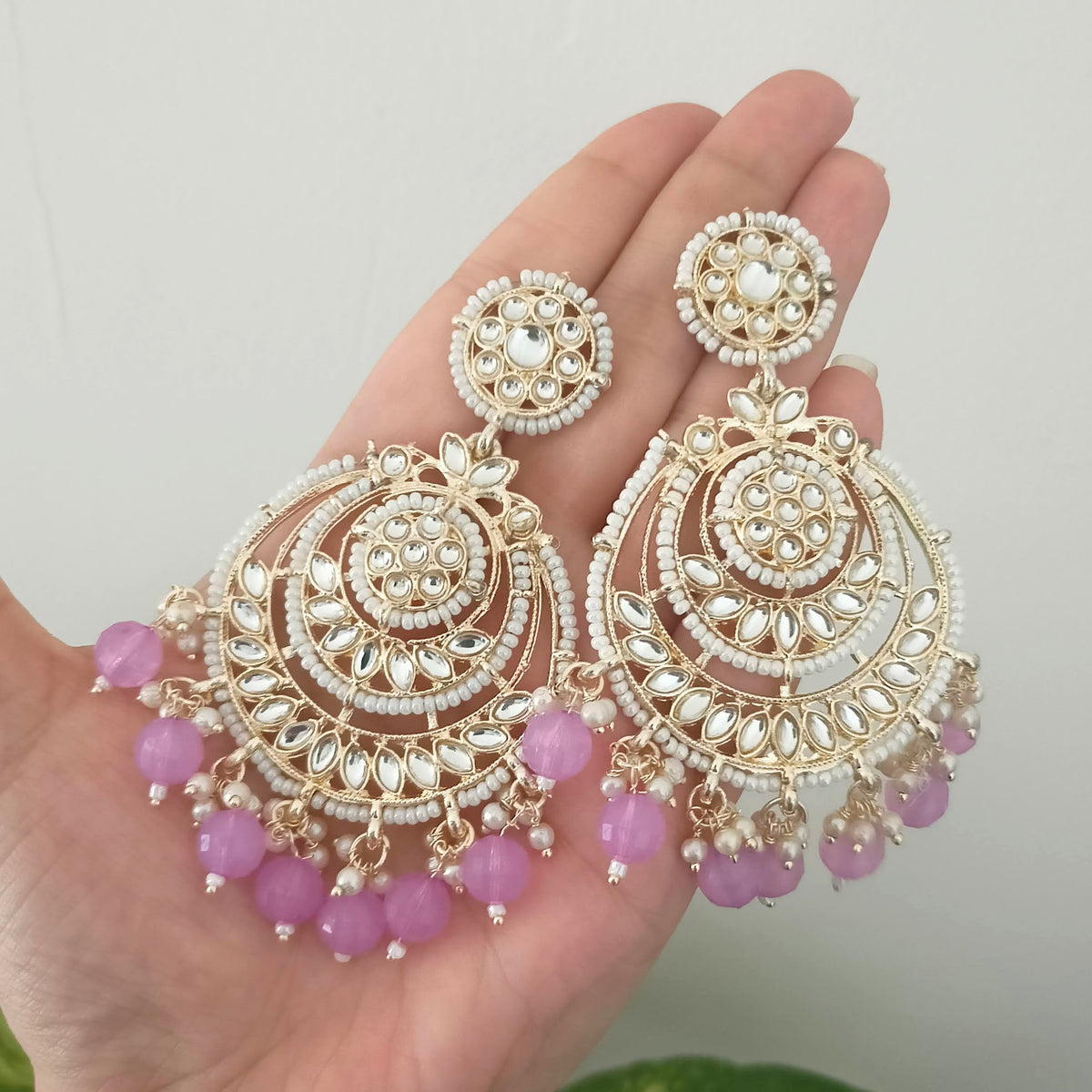 Purple Color Drop Beads Floral Polki Kundan Traditional Golden Earrings