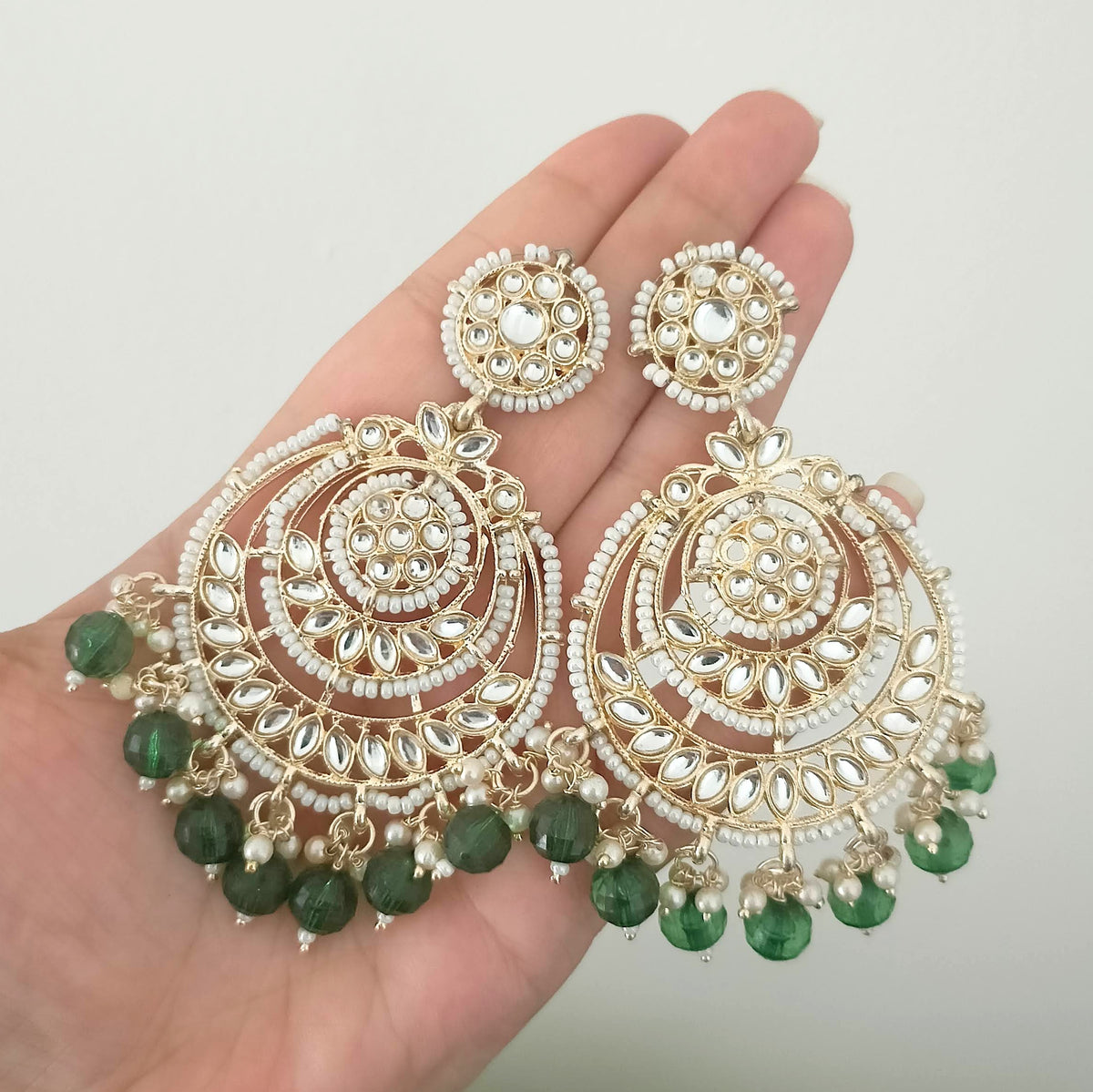 Green Color Drop Beads Floral Polki Kundan Traditional Golden Earrings