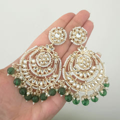 Green Color Drop Beads Floral Polki Kundan Traditional Golden Earrings