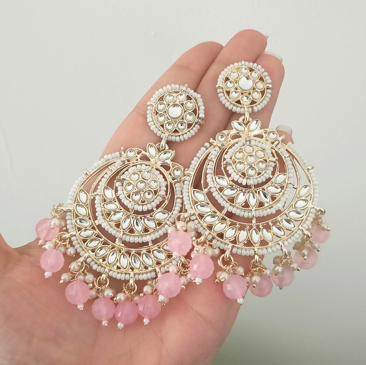 Baby Pink Color Drop Beads Floral Polki Kundan Traditional Golden Earrings