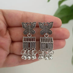 Butterfly Drop Hut Shape Jhumka Oxidised Silver Earrings