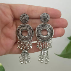 Round Shape Drop Shape Beads & Jhumka Oxidised Silver Earrings