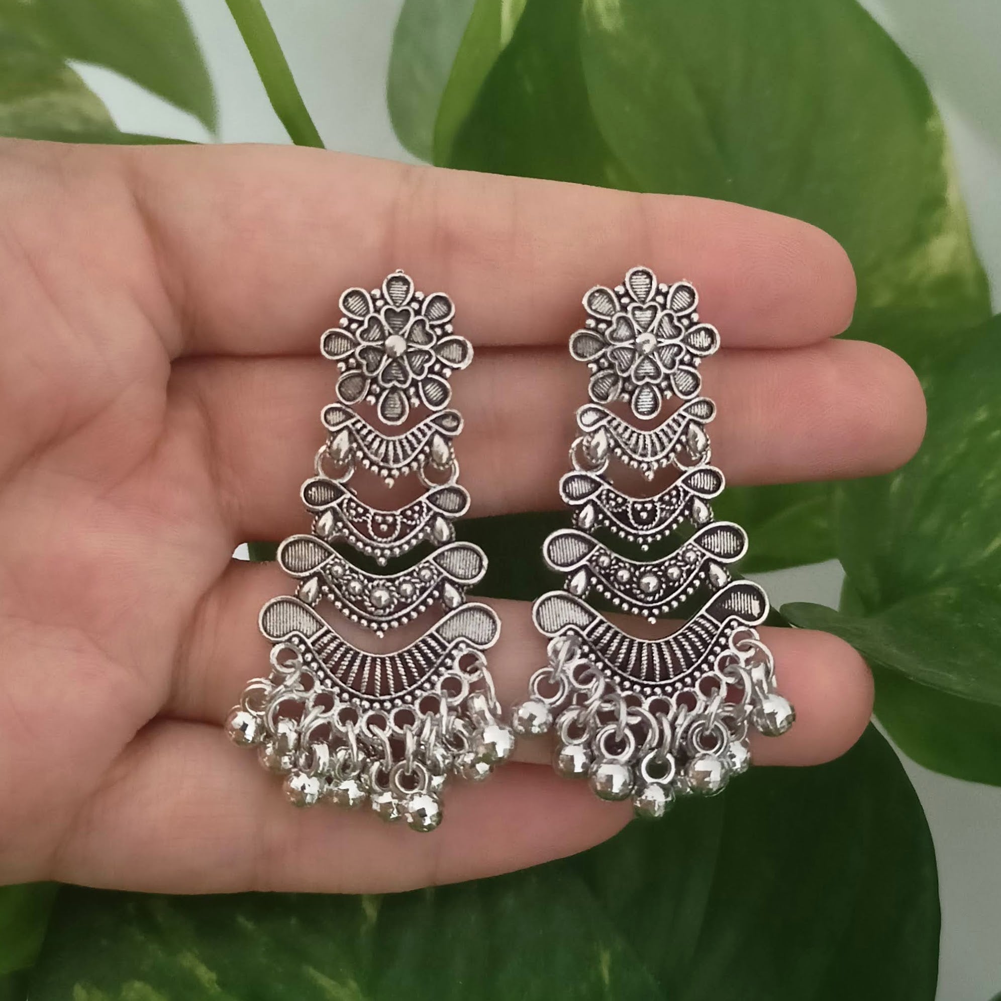 Ethnic Triple Layer Drop Beads Oxidised Silver Earrings