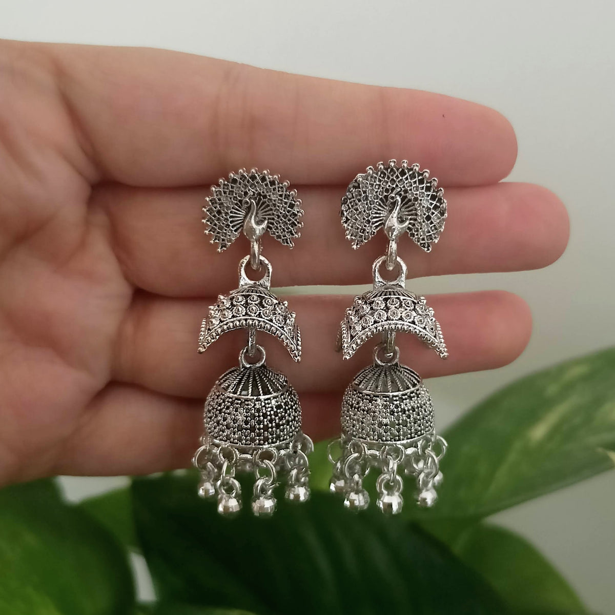 Peacock Drop Unique Jhumka Beads Oxidised Silver Earrings