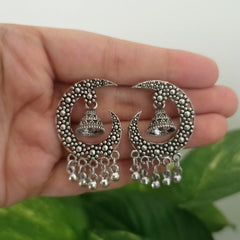 Half Moon Design Under Jhumka Oxidised Silver Earrings