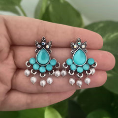 Blue Color Water Drop Shape White Beads Oxidised Silver Earrings