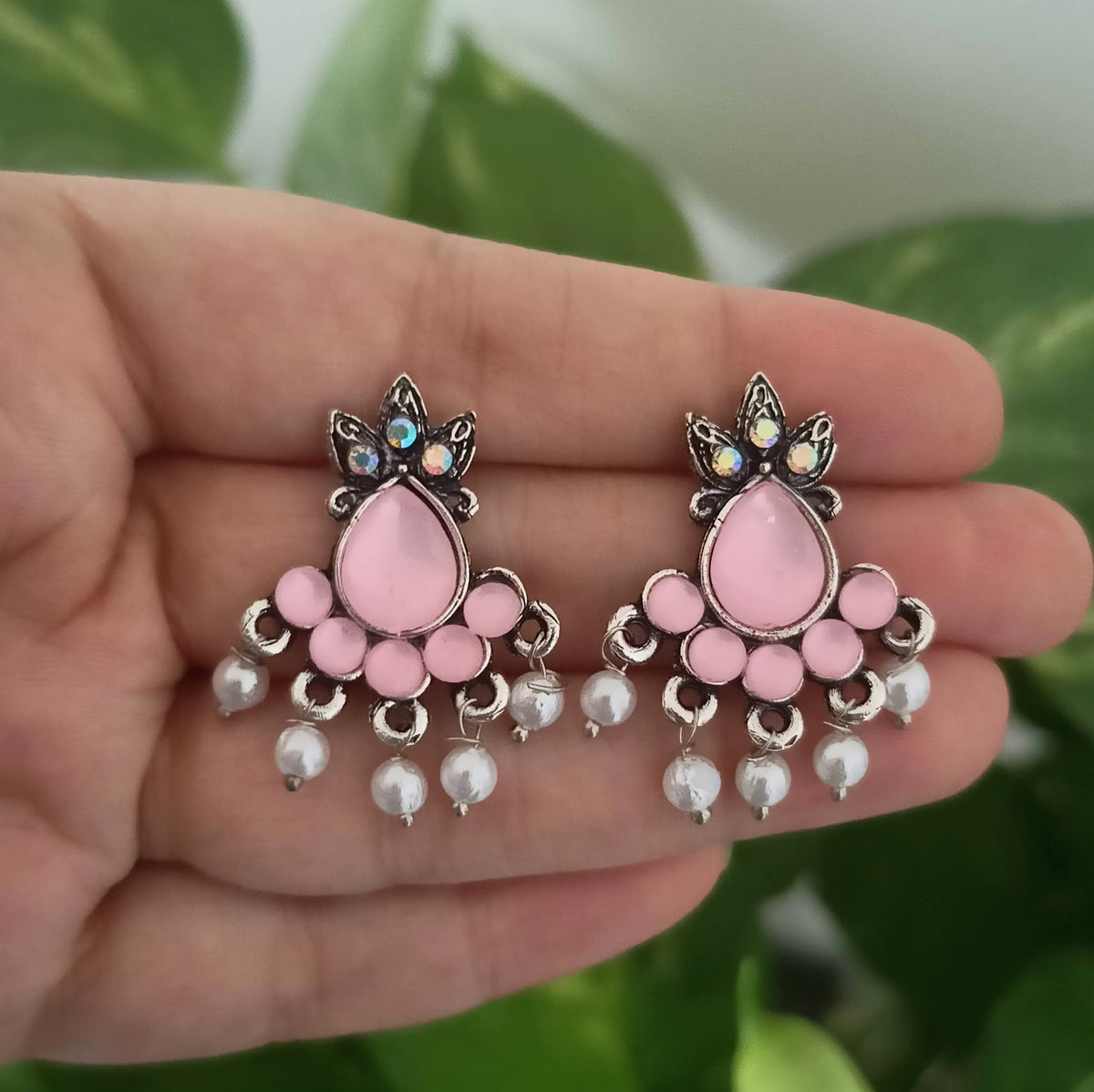 Baby Pink Color Water Drop Shape White Beads Oxidised Silver Earrings
