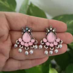 Baby Pink Color Water Drop Shape White Beads Oxidised Silver Earrings