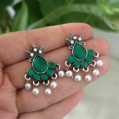 Green Color Water Drop Shape White Beads Oxidised Silver Earrings