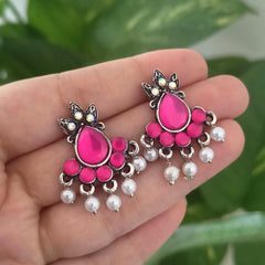 Pink Color Water Drop Shape White Beads Oxidised Silver Earrings