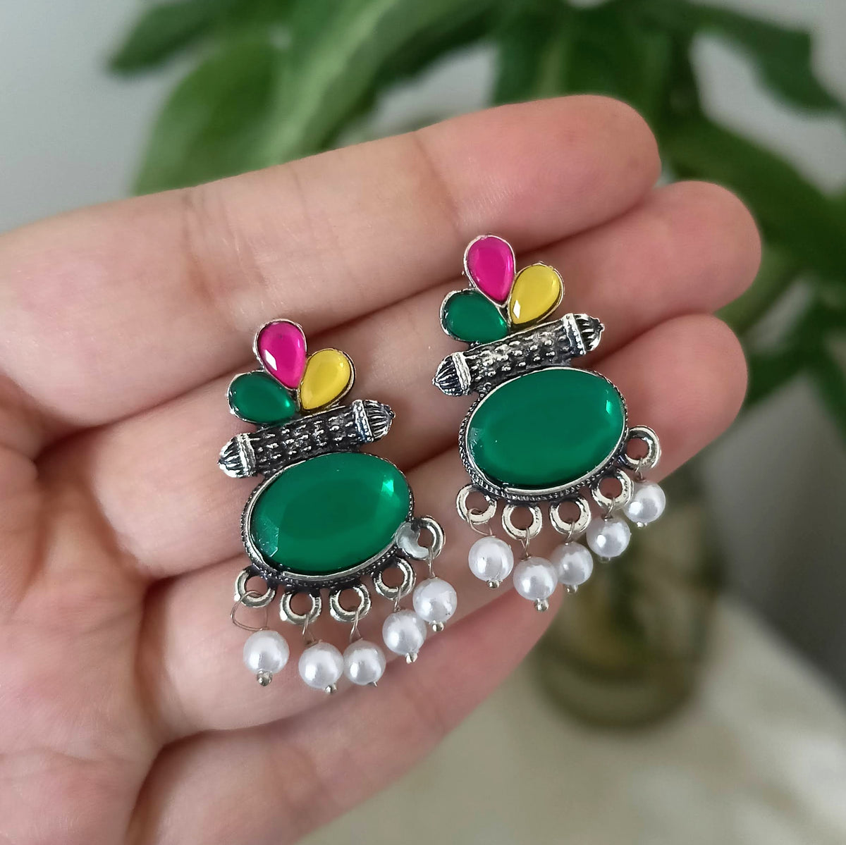 Green Color Oval Shape & Multicolor Stone Oxidised Silver Earrings