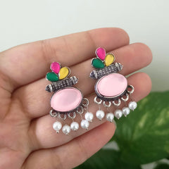 Baby Pink Color Oval Shape & Multicolor Stone Oxidised Silver Earrings