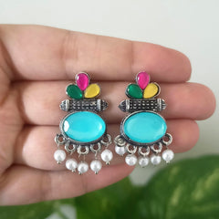 Blue Color Oval Shape & Multicolor Stone Oxidised Silver Earrings