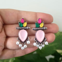Baby Pink Tikka Shape & Multicolor Stone Oxidised Silver Earrings