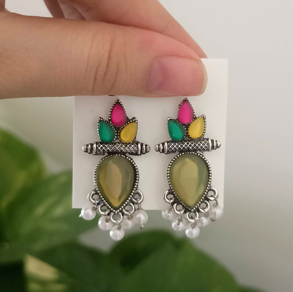 Olive Green Color Tikka Shape & Multicolor Stone Oxidised Silver Earrings