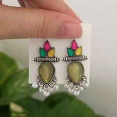 Olive Green Color Tikka Shape & Multicolor Stone Oxidised Silver Earrings