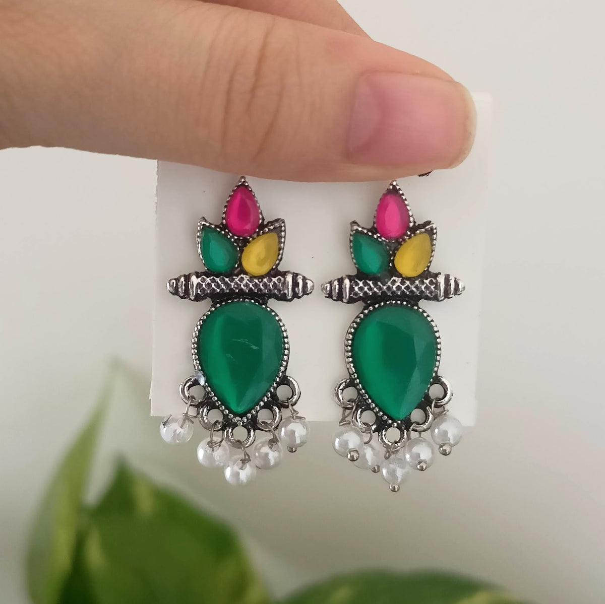 Green Color Tikka Shape & Multicolor Stone Oxidised Silver Earrings