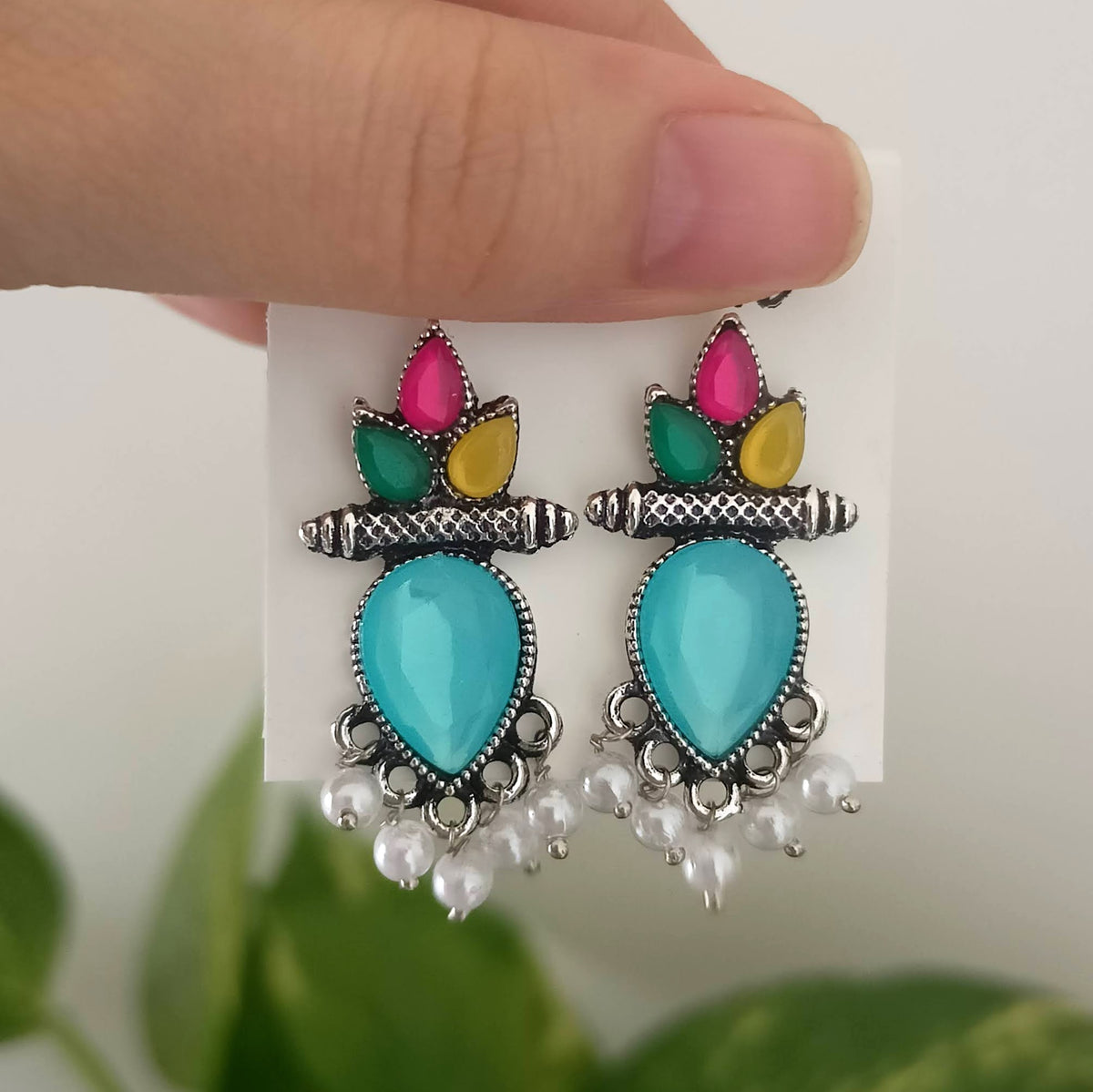 Blue Color Tikka Shape & Multicolor Stone Oxidised Silver Earrings
