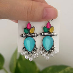 Blue Color Tikka Shape & Multicolor Stone Oxidised Silver Earrings