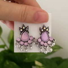 Light Purple Color Water Drop Shape White Beads Oxidised Silver Earrings
