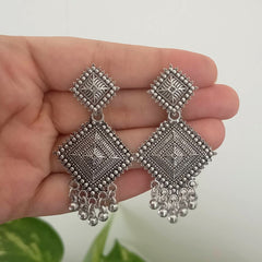 Ethnic Festive Drop Silver Beads Oxidised Silver Earrings