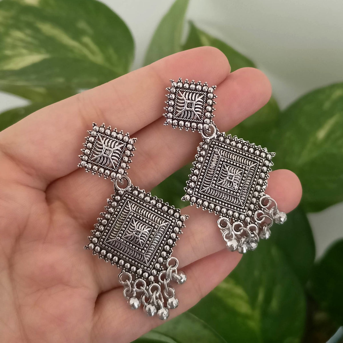 Ethnic Festive Drop Silver Beads Oxidised Silver Earrings