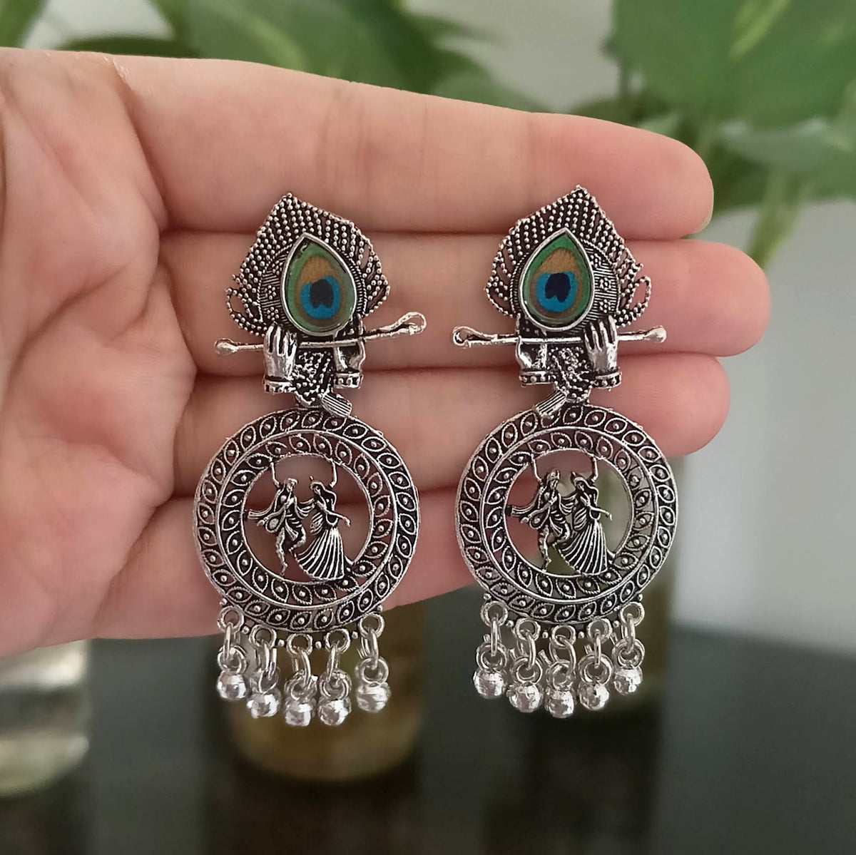 Peacock Sticker Dancing Couple Oxidised Silver Earrings