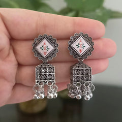 Beautiful Print Sticker Jhumka Oxidised Silver Earrings