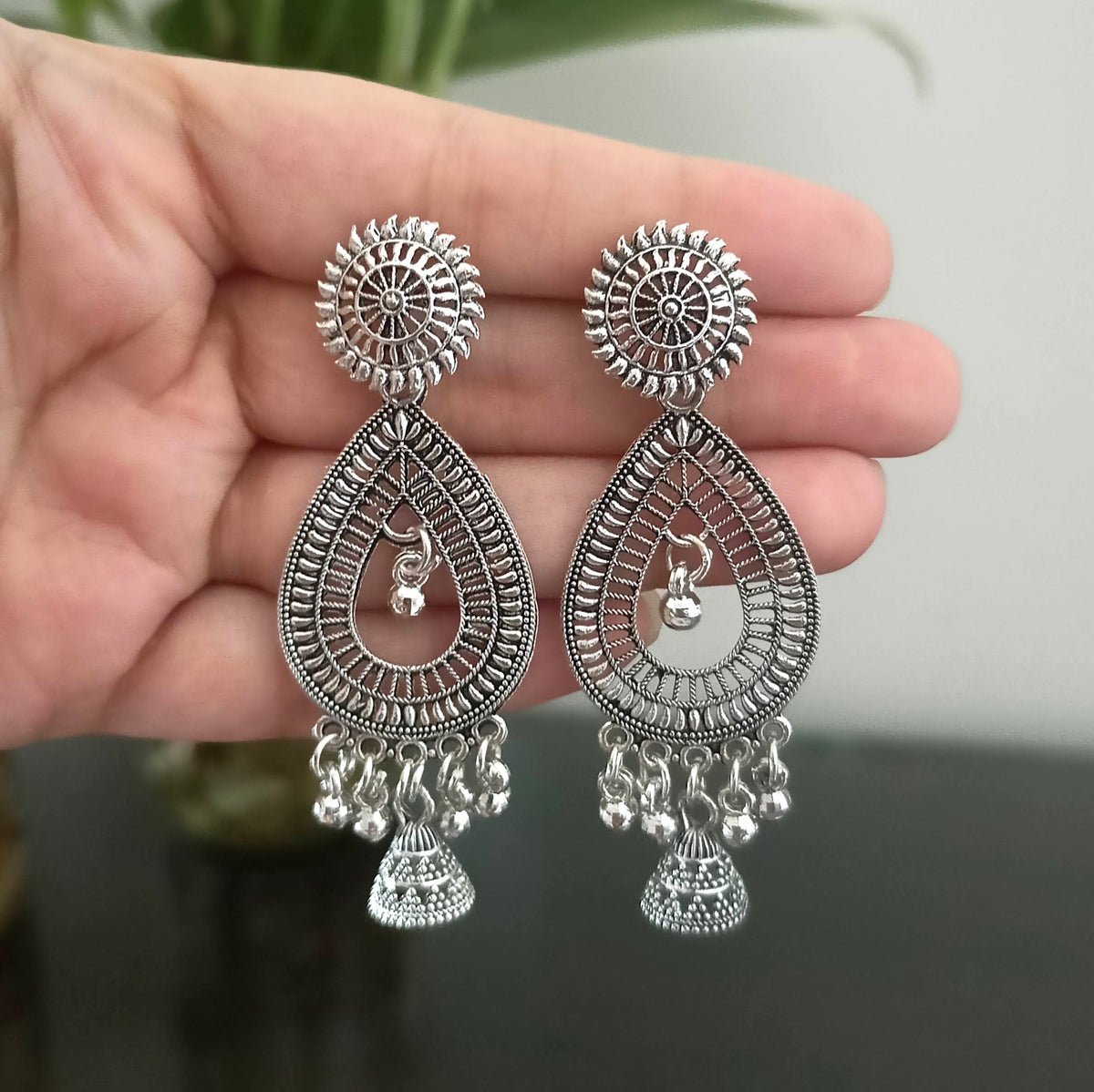 Big Tikka Shape Jhumka Oxidised Silver Earrings