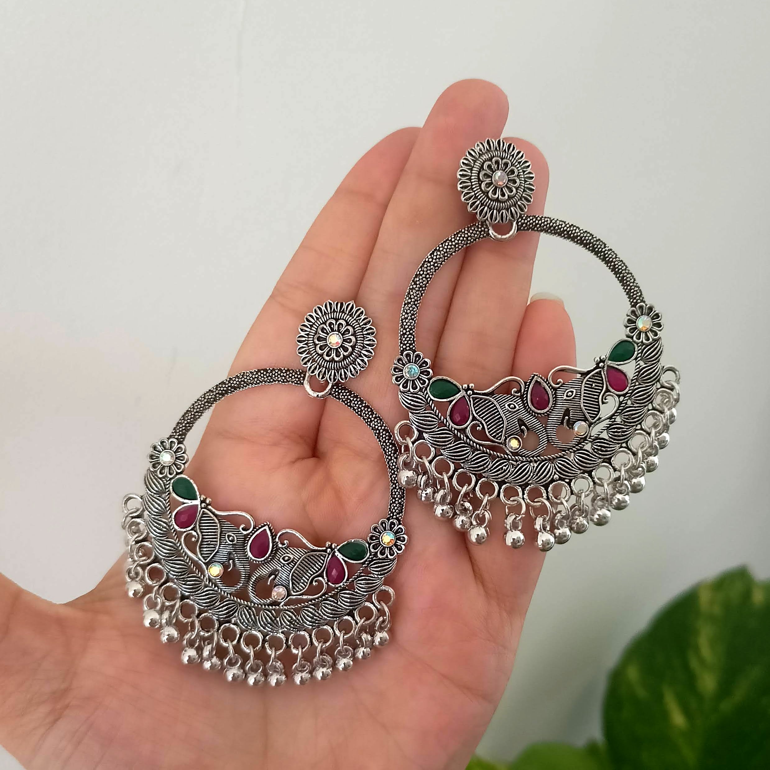 "Chaand Baaliyan" Elephant Design Pink & Green Stone Oxidised Silver Earrings