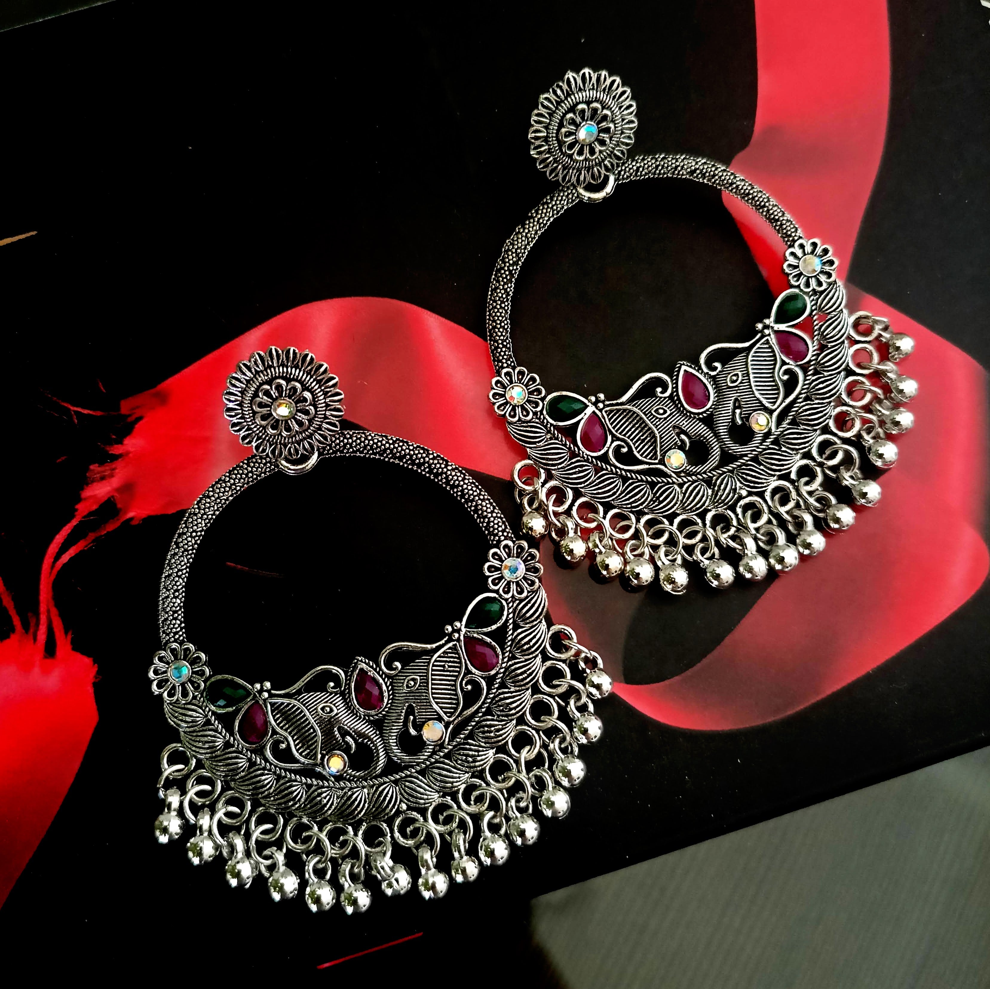 "Chaand Baaliyan" Elephant Design Pink & Green Stone Oxidised Silver Earrings