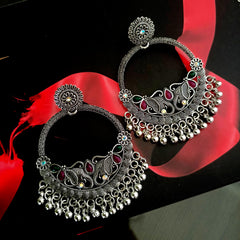 "Chaand Baaliyan" Elephant Design Pink & Green Stone Oxidised Silver Earrings